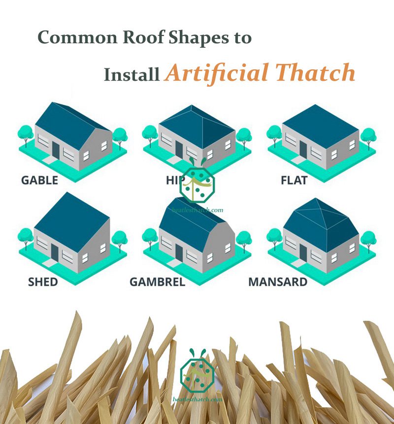Telhas de telhado de palha falso nipa usadas para telhado de palha de duas águas, galpão, quadril, casa de palha plana, Gambrel, Mansarda