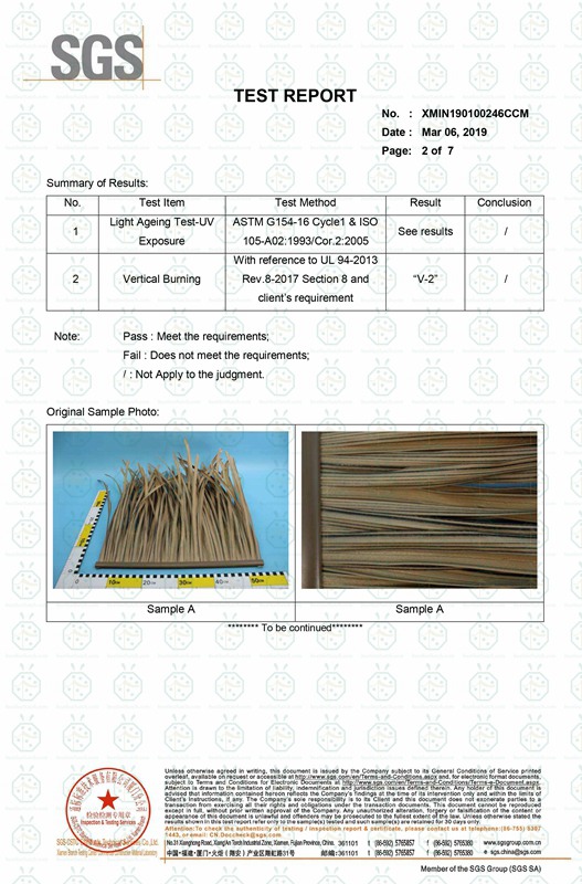 Telhado de palha sintético à prova de fogo com classificação de incêndio e relatório de teste de exposição a UV de acordo com UL 94-2013