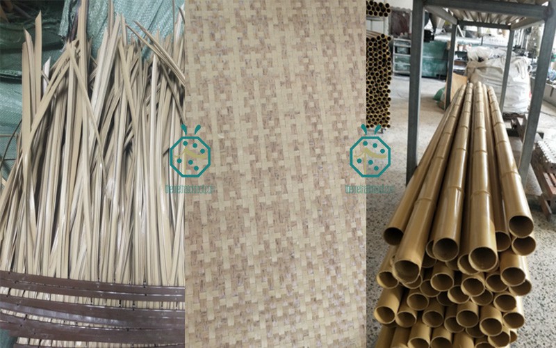 Telhado de palha de plástico, esteiras de bambu artificial e varas de bambu sintéticas usadas em países do Pacífico para decoração de hotéis em telhados de palha, teto e cercas